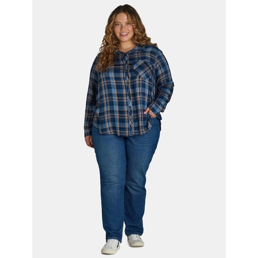 Terra & Sky Women's Button Down Shirt Plaid Long Sleeve Size 1X, 3X Blue Comet - Picture 2 of 11